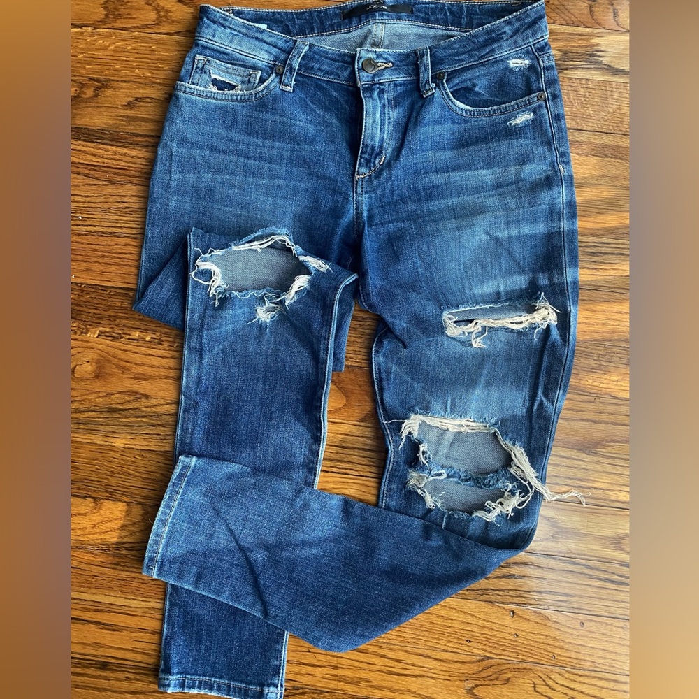 Size 27, Mid-Rise, Destroyed Denim, Joe’s Skinny Jeans